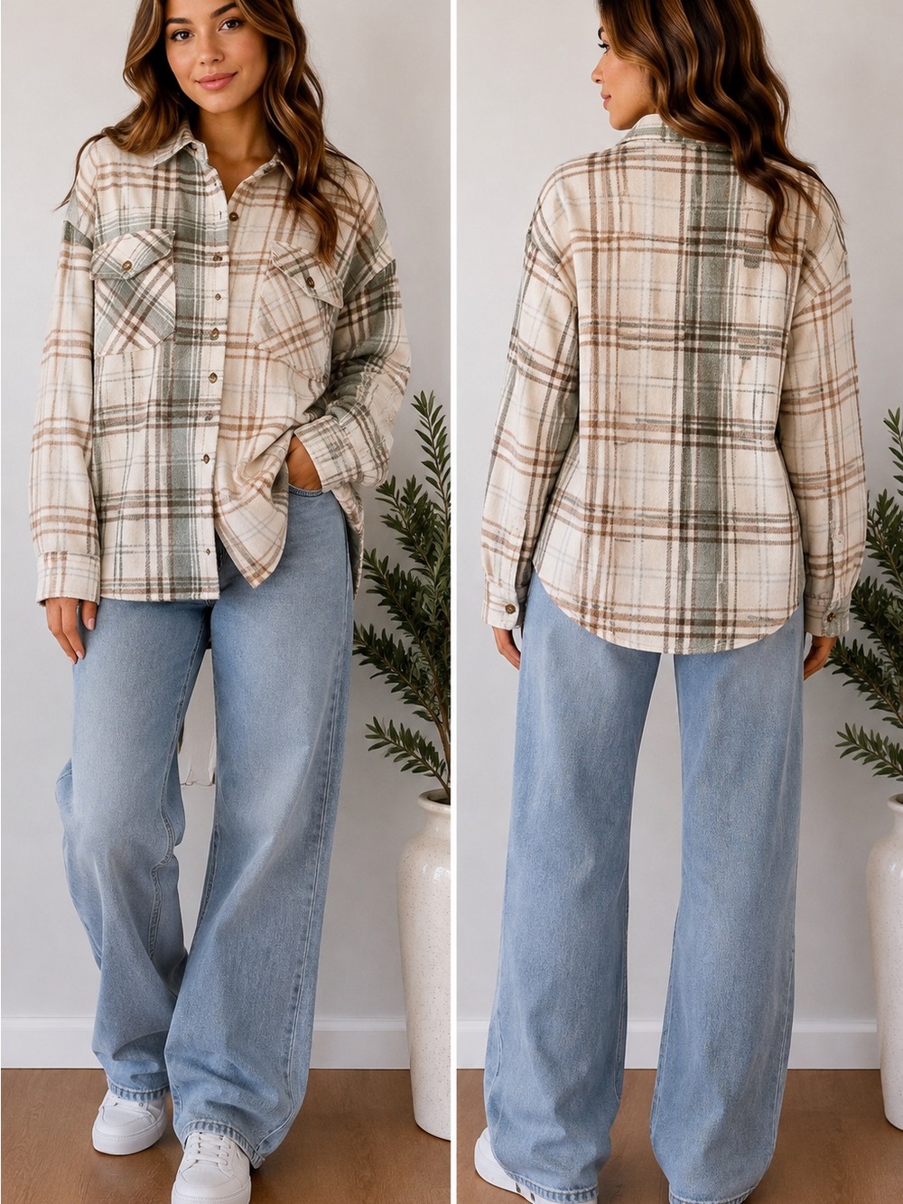 Altar’d State XS Split Plaid Shacket Cream Sage Tan Oversized Shirt Jacket